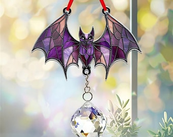 Bat Suncatcher With Crystal, Window Hanging, Indoor Outdoor Decor, Halloween Decor, Acrylic Ornament, Halloween Gift, Bat Ornament