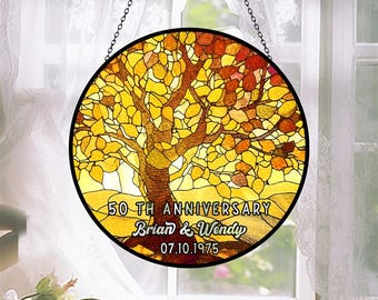 Custom Anniversary Tree Suncatcher, UV Printed Glass, Window Decor
