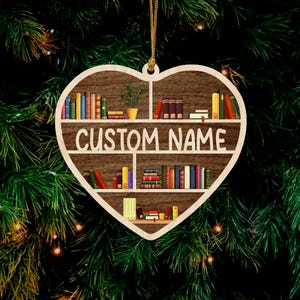 Heart Bookshelf Wood Ornament Custom, Book Lover Gift, Book Club Gift, Bookish Gift, Librarian Gift, Book Christmas Ornament, Xmas Gift