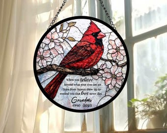 Custom Cardinal Stained Glass Suncatcher, Mother&#39;s Day Gift Window Hanging, Loss of Grandma Gift, Remembrance Gift, Nana&#39;s Blessings