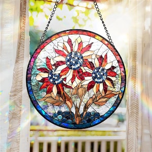 Patriotic Sunflower Suncatcher, Red White Blue Stained-Glass Window Hanging, American Flag Inspired Floral Decoration, Perfect USA Gift