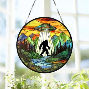 UFO Abduction Bigfoot Mountains Hill-Stained Glass Suncatcher, Funny Gifts for Women, Big Foot Window Hanging, Indoor Decor