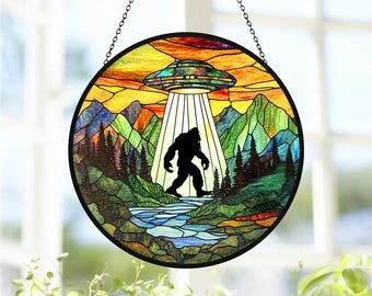 Jesus Hugging Alien Stained Glass Suncatcher, Funny Christian