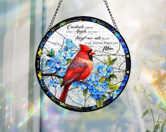 Cardinal Glass Suncatcher, Mom Memorial Gift, Forget Me Not Window Hanging, In Memory of Mom, Nana&#39;s Blessings, Mothers Day Gift