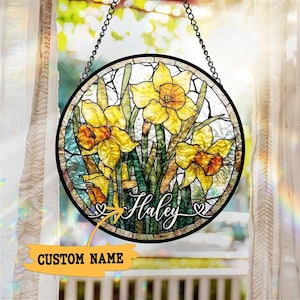 Custom Family Birth Flowers Glass Suncatcher, Mother&#39;s Day Gift, Grandma&#39;s Garden Decor, Flower Glass Art, Botanical Art, Nana&#39;s Blessings