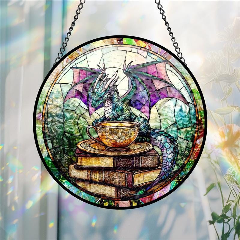 Dragon And Tea Book Stained Glass Suncatcher, Fantasy Book Lover Window Hanging Decor, Mystical Art Window Hanging, Dragon Gift for Readers