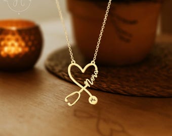 Personalized Stethoscope Necklace, 18K Gold Plated, Custom Name Medical Jewelry
