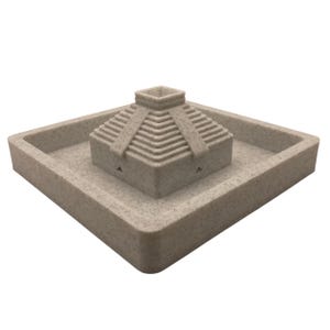 May include: A beige, speckled incense holder featuring a Mayan pyramid design. The pyramid is centered on a square base with a surrounding tray. The holder is made of a solid, durable material.