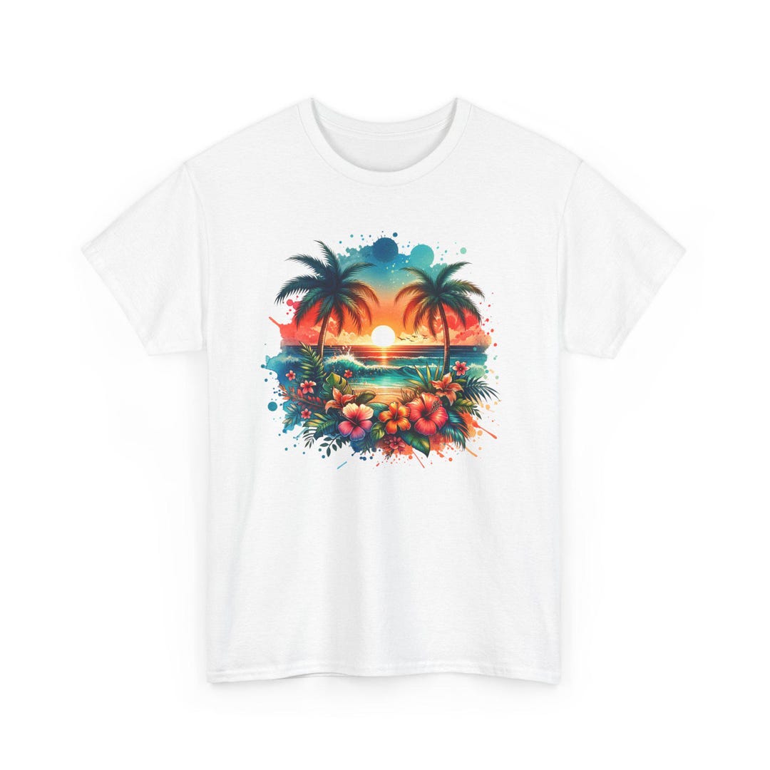 Tropical Beach Sunset Classic Cotton Tshirt, Express Delivery