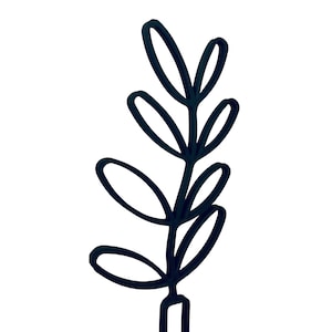 May include: A dark navy blue wall decoration shaped like a stylized plant stem with six symmetrical, oval-shaped leaves arranged in pairs along a central vertical line, ending in a short, straight stem at the bottom of the structure.