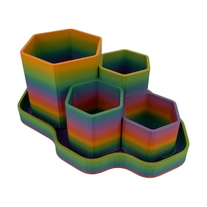 Matte Rainbow Hexagon Planter, 4 Chamber Succulent Pot with Tray and Drainage, 8 Inch