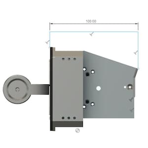 May include: A top-down view of a mechanical component. The component is primarily gray with a circular element on the left and a rectangular body. The dimensions are indicated as 100.00.