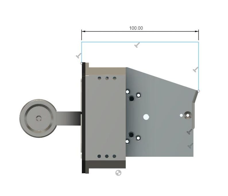 May include: A top-down view of a mechanical component. The component is primarily gray with a circular element on the left and a rectangular body. The dimensions are indicated as 100.00.