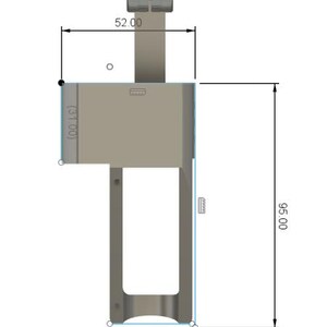 May include: A technical drawing of a metal component, featuring a cylindrical top section connected to a rectangular body. Dimensions are indicated: 95.00 mm height, 32.00 mm width, and 52.00 mm length. The design includes a curved base.