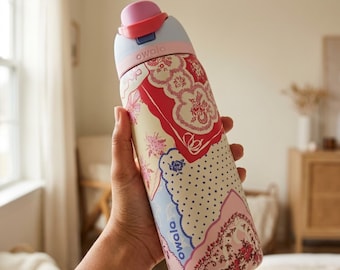 Trendy Hankie Pattern Owala Inspired Water Bottle, Coquette Patchwork Tumbler, Cute Pink Insulated Straw Cup Gift for Girls Colorful Pattern