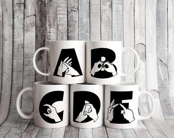BSL Alphabet Mug: Sign Language Initials, White Ceramic, 11oz