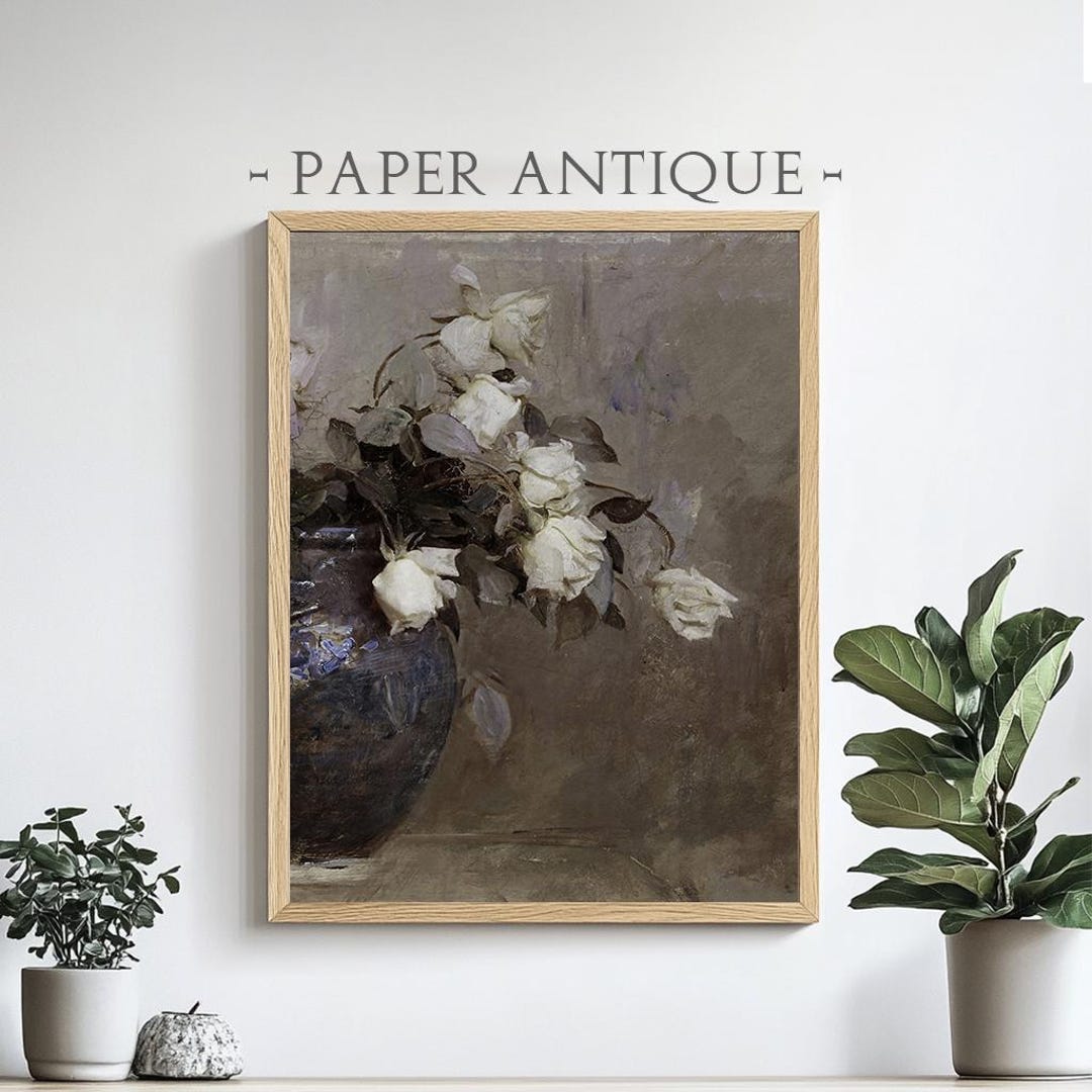 Printable White Roses in Vase Oil Painting Elegant Floral Still Life ...