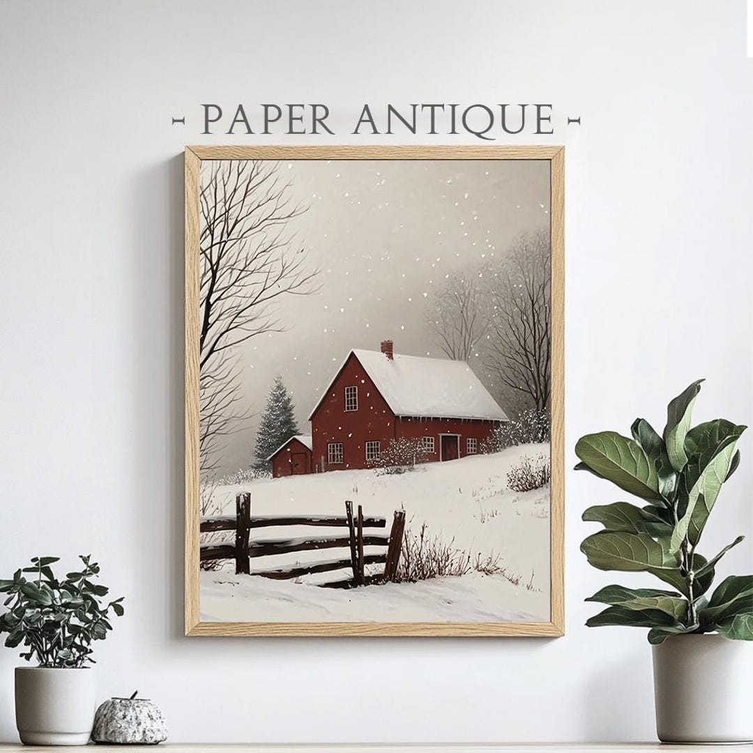 Printable Red Barn in Snowy Winter Landscape Rustic Warm Holiday Scene ...