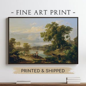 Impresión artística de paisaje de río tranquilo, póster de escena pastoral vintage, arte de pared campestre clásico, decoración de pared de naturaleza pacífica PS