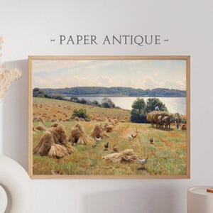 Rustic Farmland Harvest Scene Wall Art Vintage Country Landscape Painting Pastoral Field With Chickens Horse Cart Printable Wall Decor DG