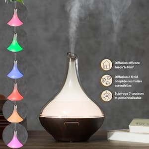 Peut inclure: Un diffuseur d'huiles essentielles blanc et marron avec un bulbe en verre et une base en bois. Le diffuseur dispose d'une lumière LED à 7 couleurs et peut couvrir jusqu'à 40 mètres carrés. Il est conçu pour la diffusion à froid des huiles essentielles.