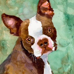 Pomysł na prezent dla mamy psa rasy Boston Terrier Miłośnik zwierząt Nowoczesny rustykalny wydruk artystyczny Akwarela Malarstwo Portret psa Sztuka Dekoracja ścienna Wystrój domu Zwierzę