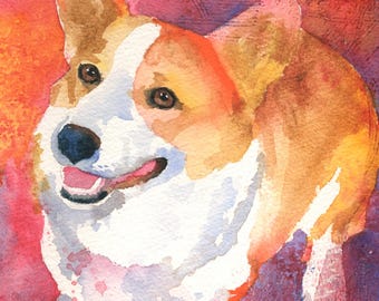 Op de afbeelding: Waterverf schilderij van een corgi hond met bruin en wit haar. De hond kijkt naar links en heeft zijn tong uitgestoken. De achtergrond is fel roze en oranje.