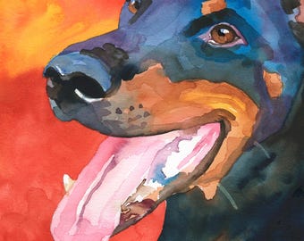 Könnte beinhalten: Ein Aquarellgemälde eines Dobermanns mit schwarzem und lohfarbenem Fell, braunen Augen und einer langen, heraushängenden rosa Zunge. Der Hund ist vor einem leuchtenden, orange-roten Hintergrund dargestellt. Die Signatur KRAJEWSKI ist sichtbar.