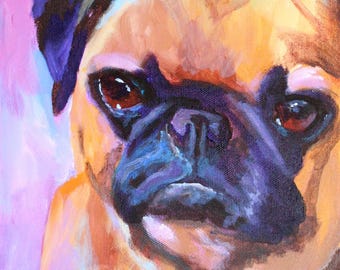 May include: An oil painting of a pug dog featuring a tan coat with a dark muzzle and ears. The artwork uses visible brushstrokes in shades of orange, brown, and purple against a light purple background. The artist signature KRAJEWSKI is in the corner.