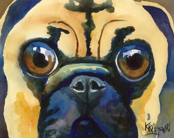 May include: A watercolor painting of a pug face featuring large brown eyes, a dark muzzle, and tan fur. The artwork displays expressive brushstrokes with deep blue and black shadows around the eyes and nose, signed by the artist in the corner.