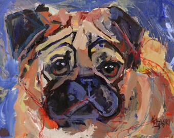 May include: An expressive oil painting of a pug dog featuring thick, visible brushstrokes in shades of tan, brown, black, and deep blue. The artwork captures the dog's face with dark, soulful eyes and a signature wrinkled muzzle, signed Krawski.