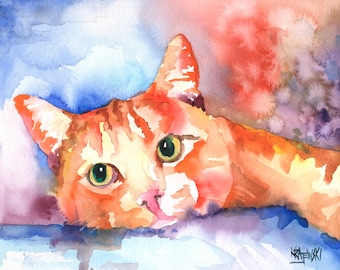 Tabby Cat High Resolution Print of Original Fine Art Watercolor by Ron Krajewski - Home Wall Art Decor in 8&quot; x 10&quot; and 11&quot; x 14&quot; Sizes
