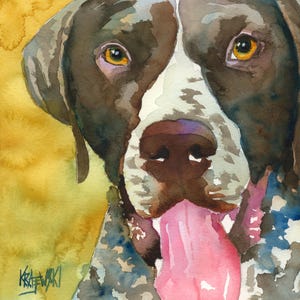 May include: Watercolor painting of a brown and white German Shorthaired Pointer dog with its tongue sticking out. The dog has brown eyes and a white patch on its nose. The background is a yellow watercolor wash.