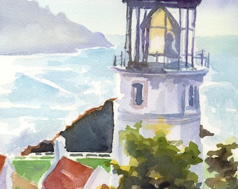 Heceta Head Lighthouse Watercolor Print: Oregon Coast Art