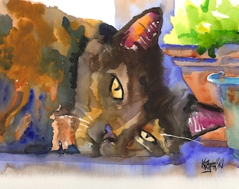 Tortie Cat Mom Gift idea Art Print Wall Decor Living Room Tortoiseshell Cat Lover Original Watercolor Portrait Ron Krajewski Feline Art