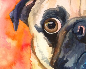May include: A watercolor painting of a pug dog face with a dark muzzle and large brown eyes, set against a vibrant orange and red background. The artwork features the signature Krafwski in the bottom left corner, rendered in black ink.