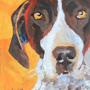 May include: A close-up painting of a brown and white dog with a white blaze on its face. The dog has brown eyes and a black nose. The background is a bright orange color.