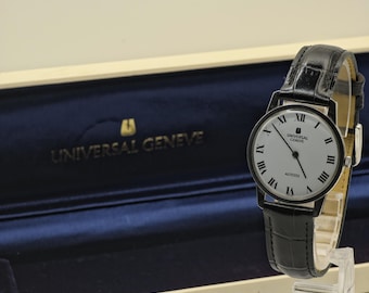 Vintage Universal Genève Altesse Watch | Swiss Mechanical, Black Leather, w/ Box