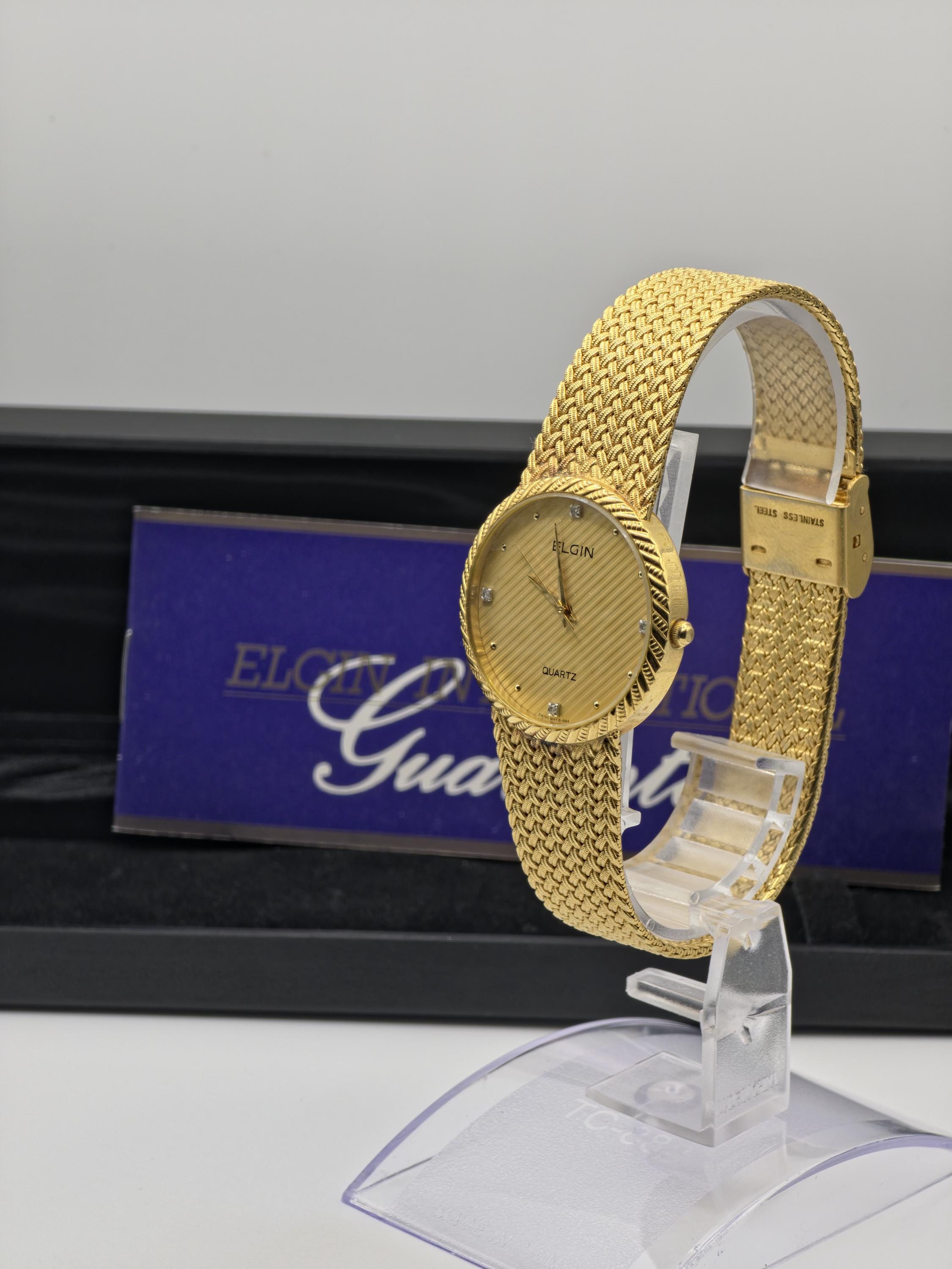 Elgin FK278 Mens Gold Tone Mesh Bracelet Quartz Watch Diamond