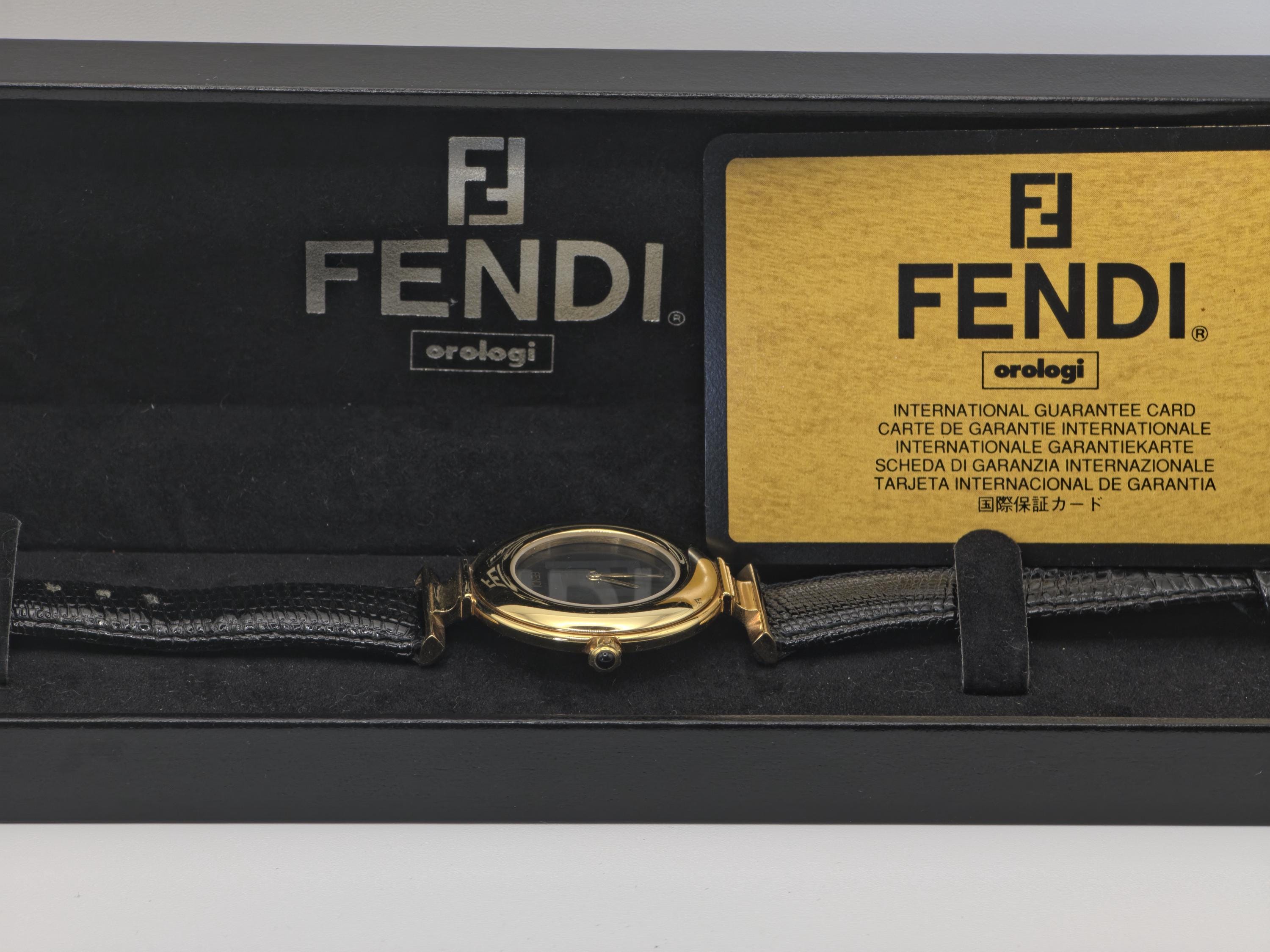 Fendi 320G Quartz Wristwatch Black Dial Gold Tone Case Leather