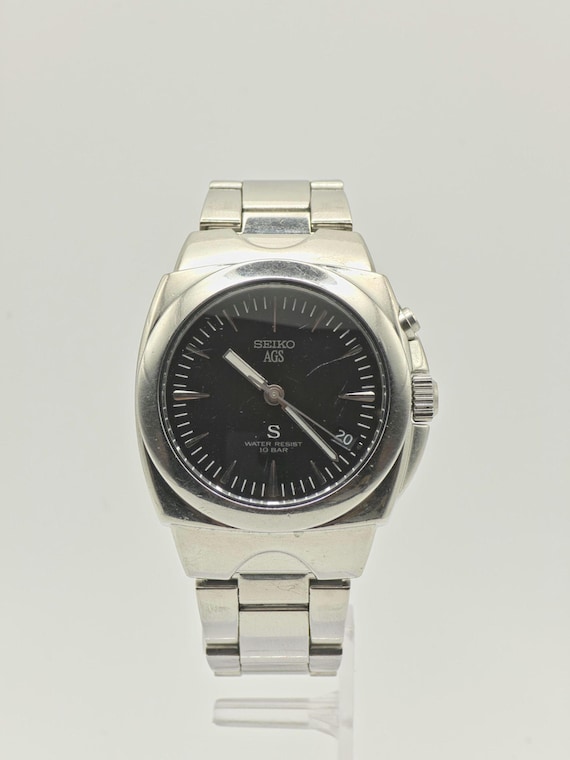 Vintage Seiko AGS Kinetic Watch | Stainless Steel, Black Dial