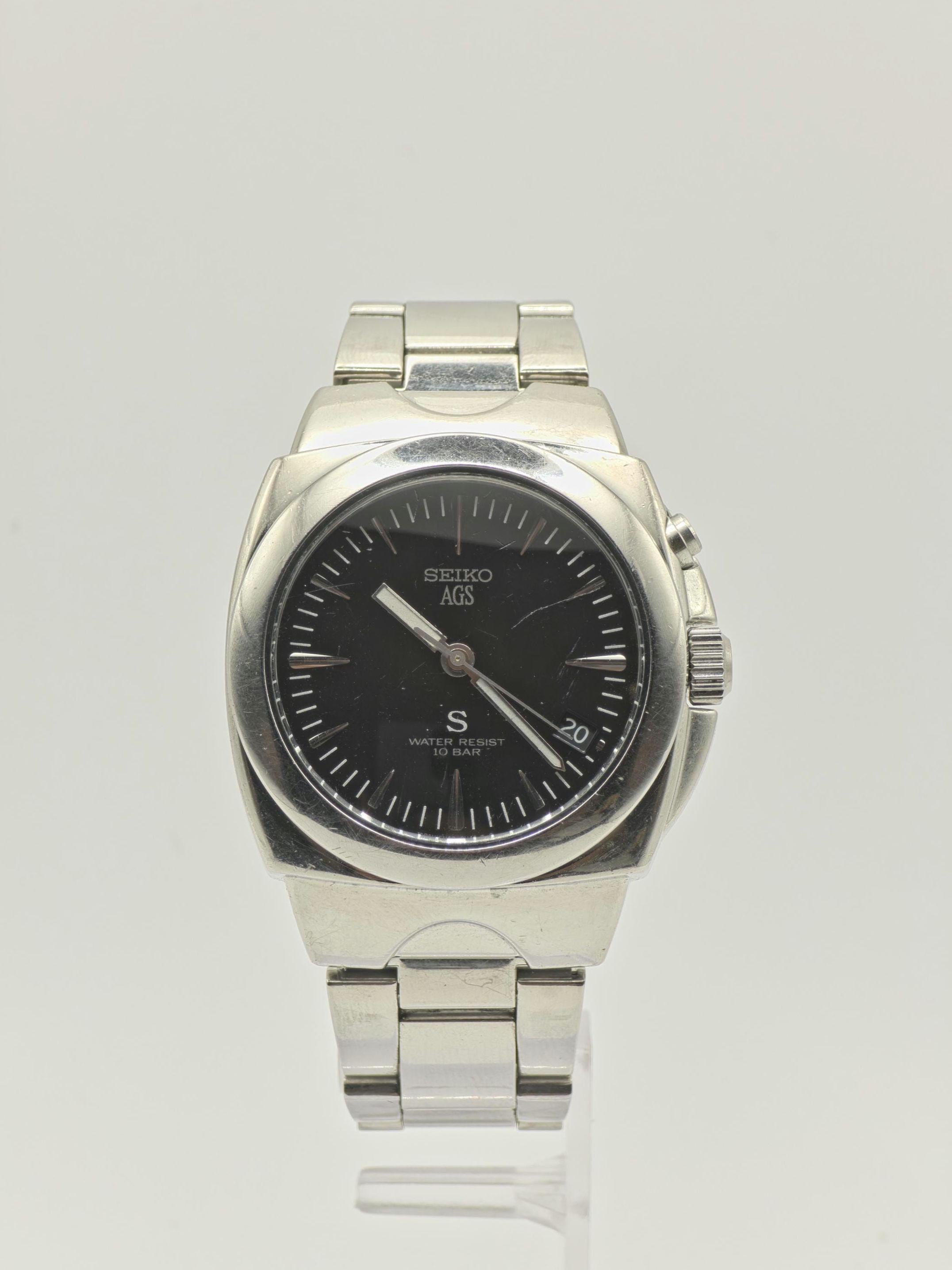 Vintage Seiko AGS Kinetic Watch | Stainless Steel, Black Dial