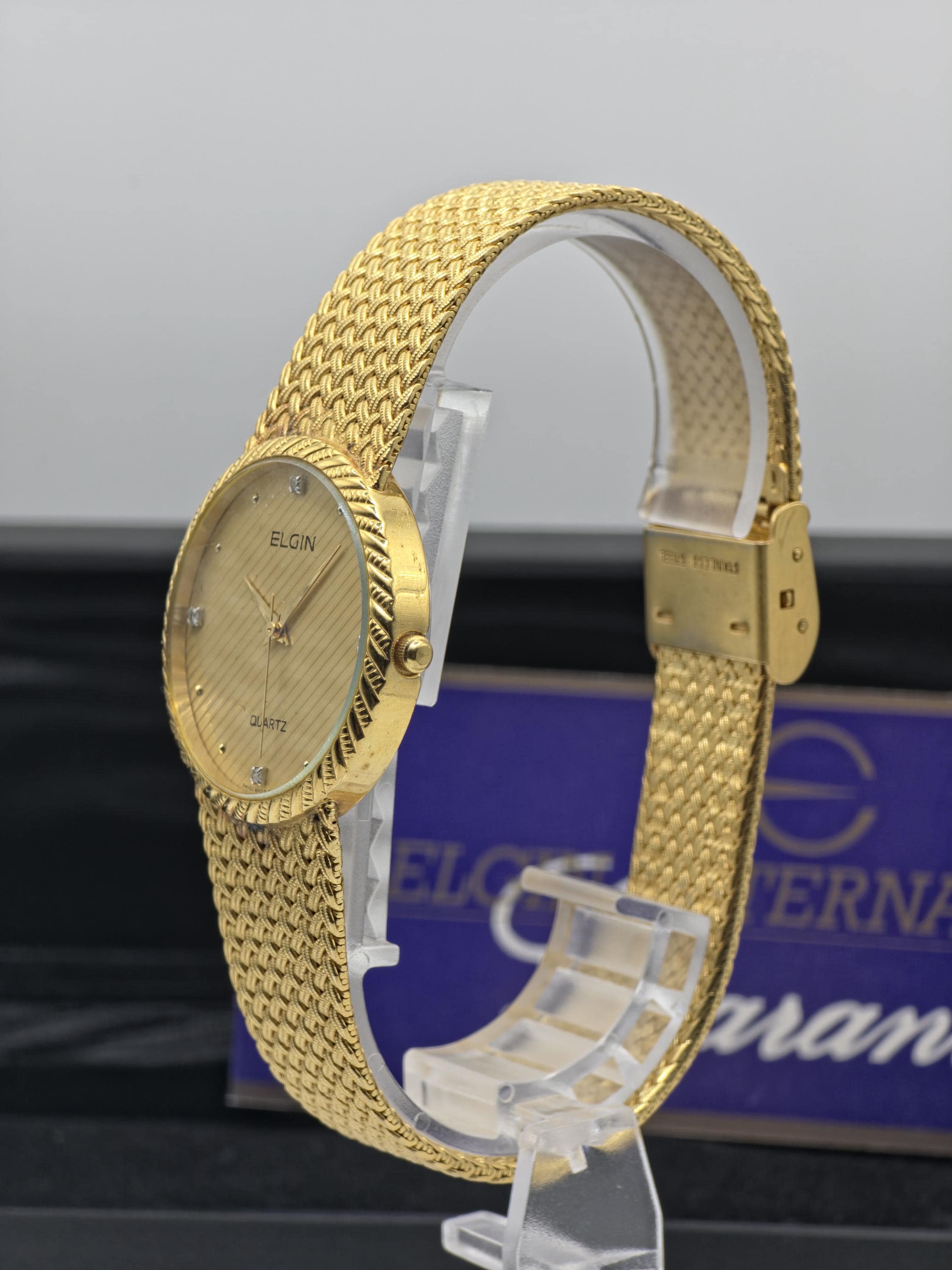 Elgin FK278 Mens Gold Tone Mesh Bracelet Quartz Watch Diamond