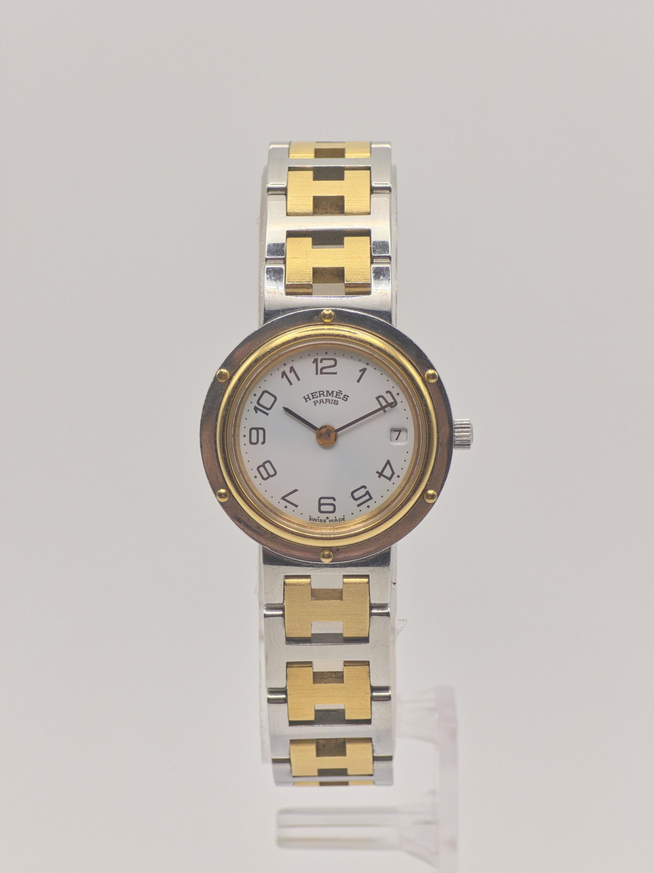 Vintage HERMES PARIS Ladies Watch Two Tone H Link Bracelet Clipper