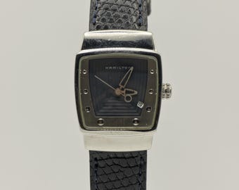 Hamilton Quartz Square Women Watch Black Dial Leather Strap Ref
