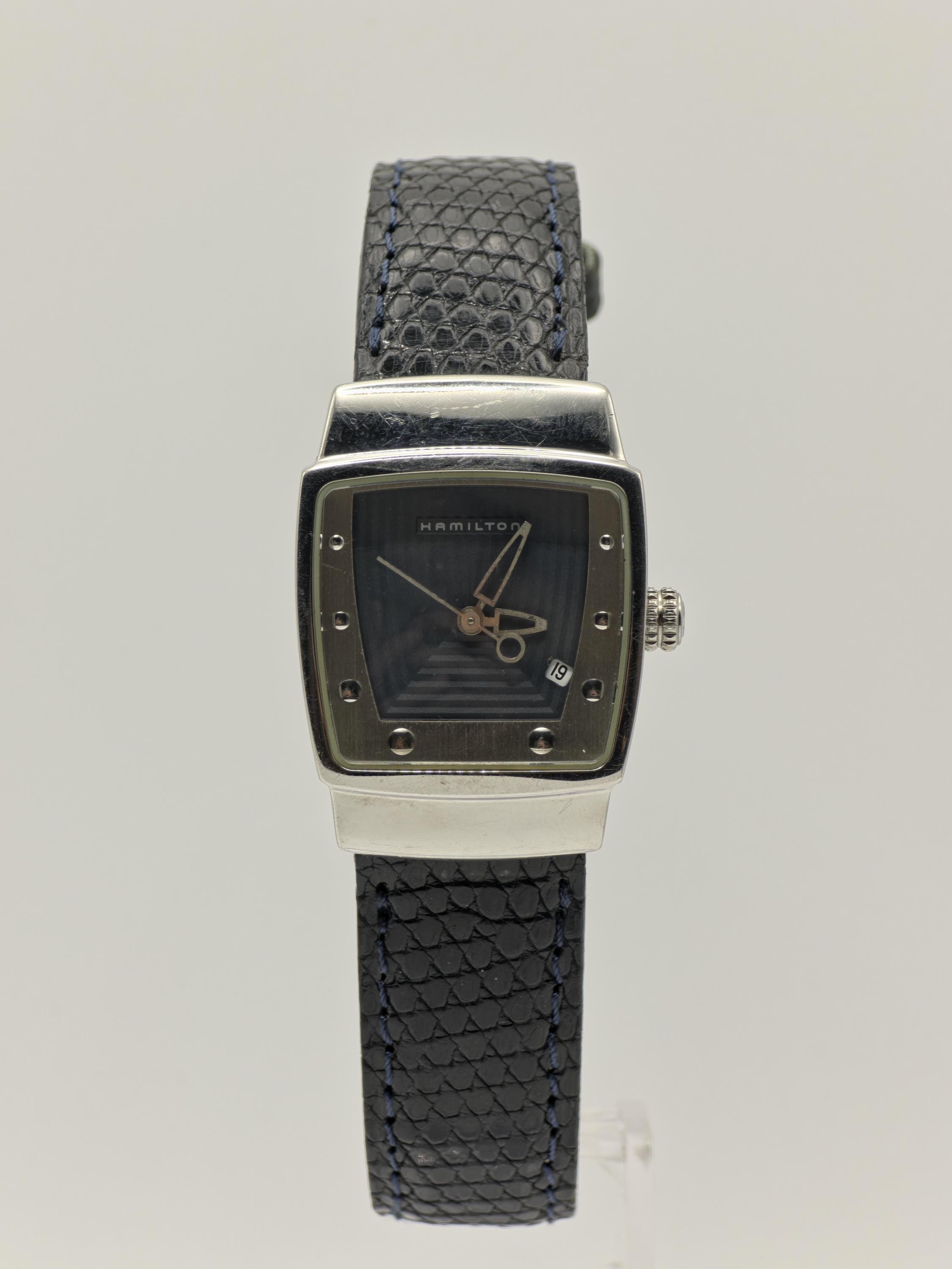 Hamilton Quartz Square Women Watch Black Dial Leather Strap Ref