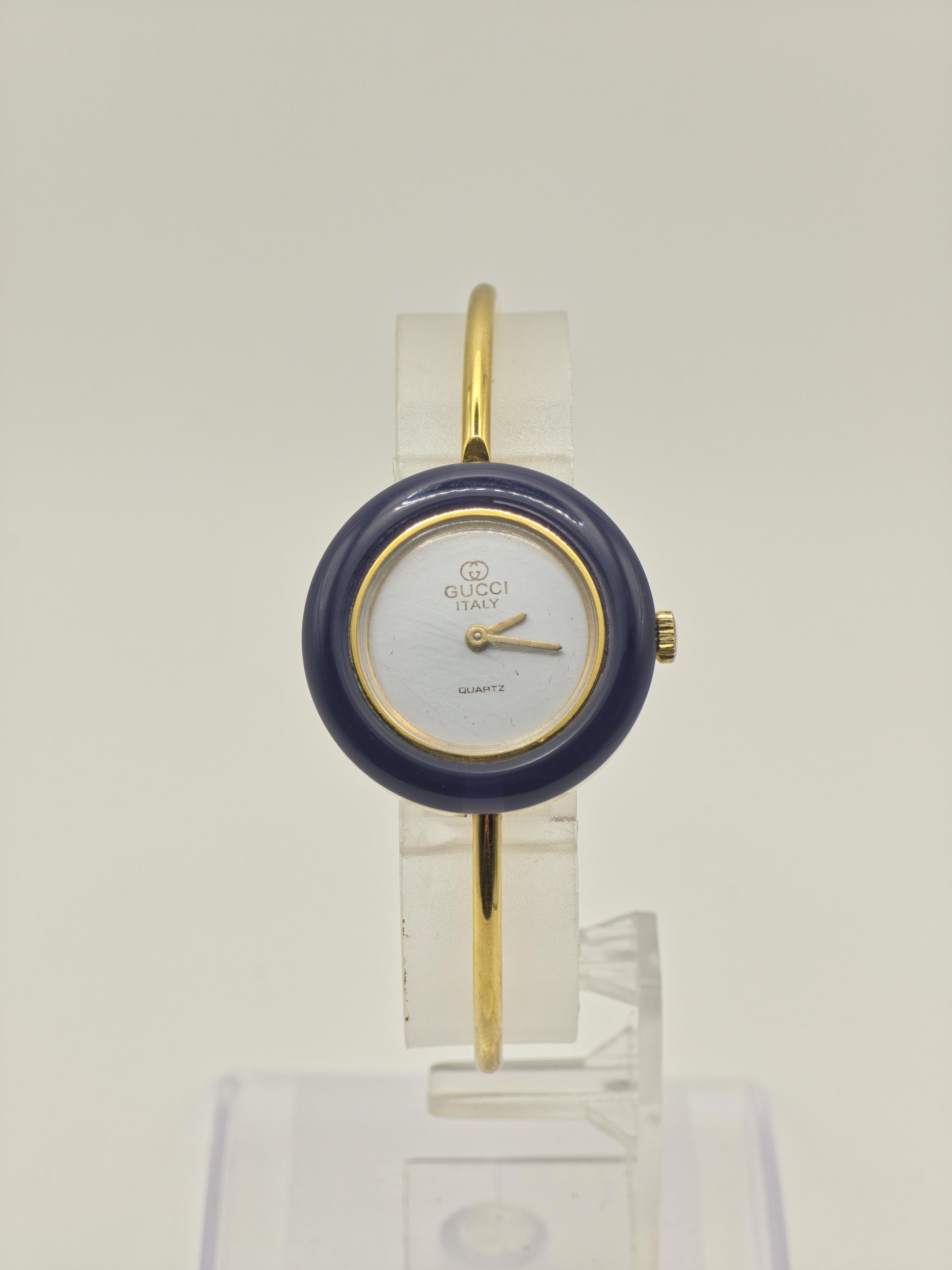 Gucci Italy Blue Bezel Bangle Women Vintage Quartz Watch