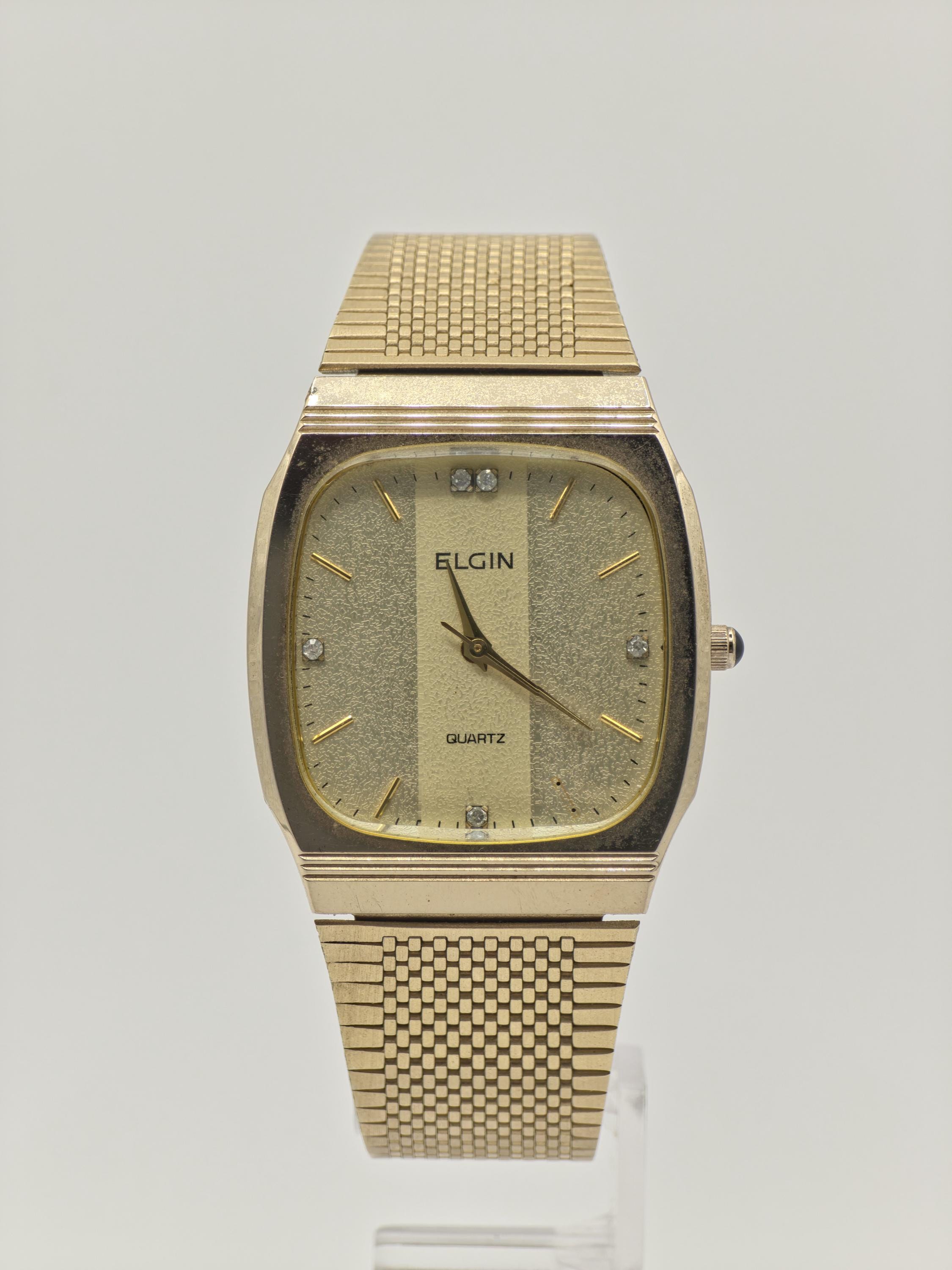 Vintage Elgin Unisex Quartz Watch Gold Tone Square Case Mesh  display picture 1