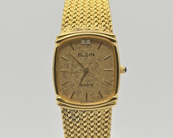 Vintage‎ Elgin Men\'s Ultra Slim Gold-Tone Watch FG245 Diamond Accent Bark Finish Vintage Elgin Men main image 2