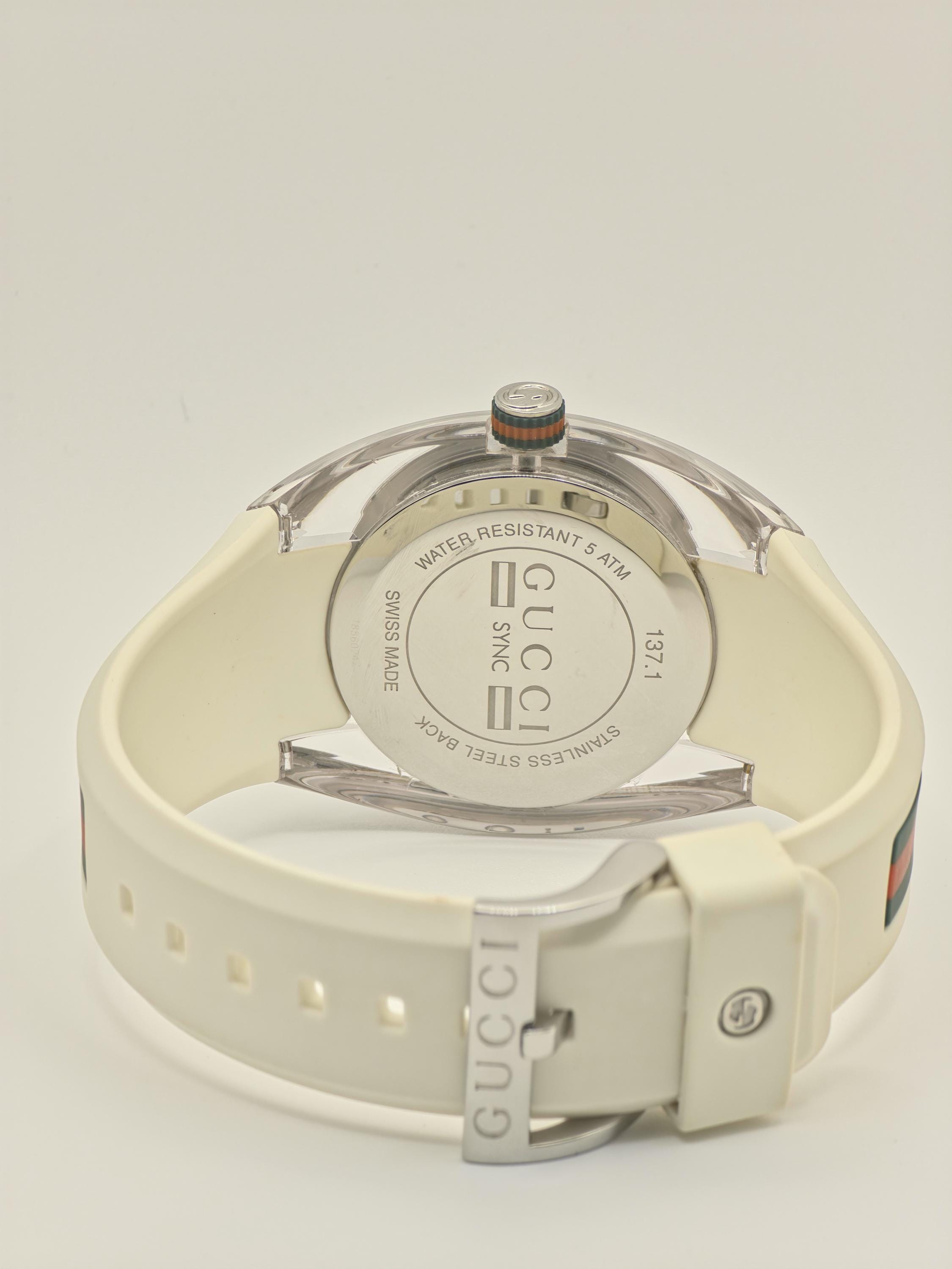 Gucci Sync White Mens Watch Swiss Quartz Silver Dial Rubber Strap